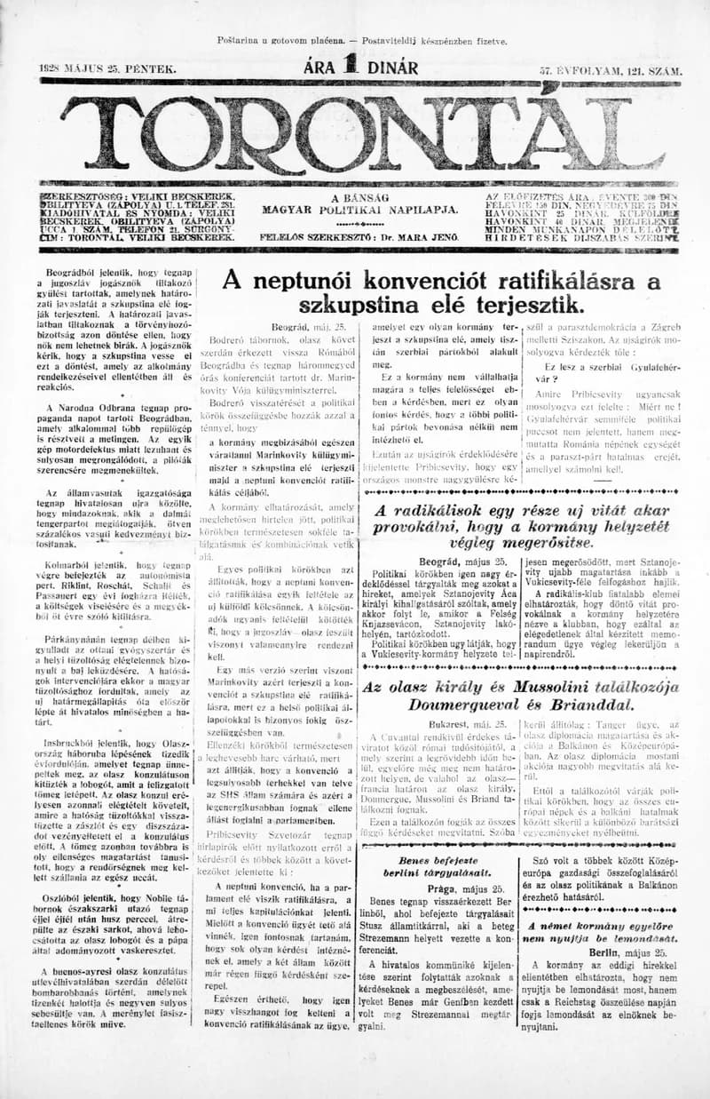 Torontál, 57. évf. 1928. május 25. 121. sz.