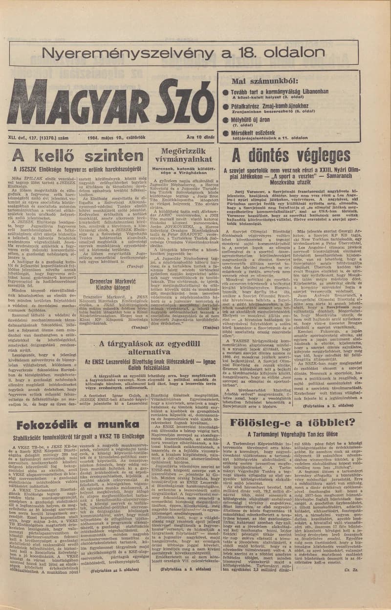 Magyar Szó, 41. évf. 1984. május 10. 127. sz. 1–20. oldal