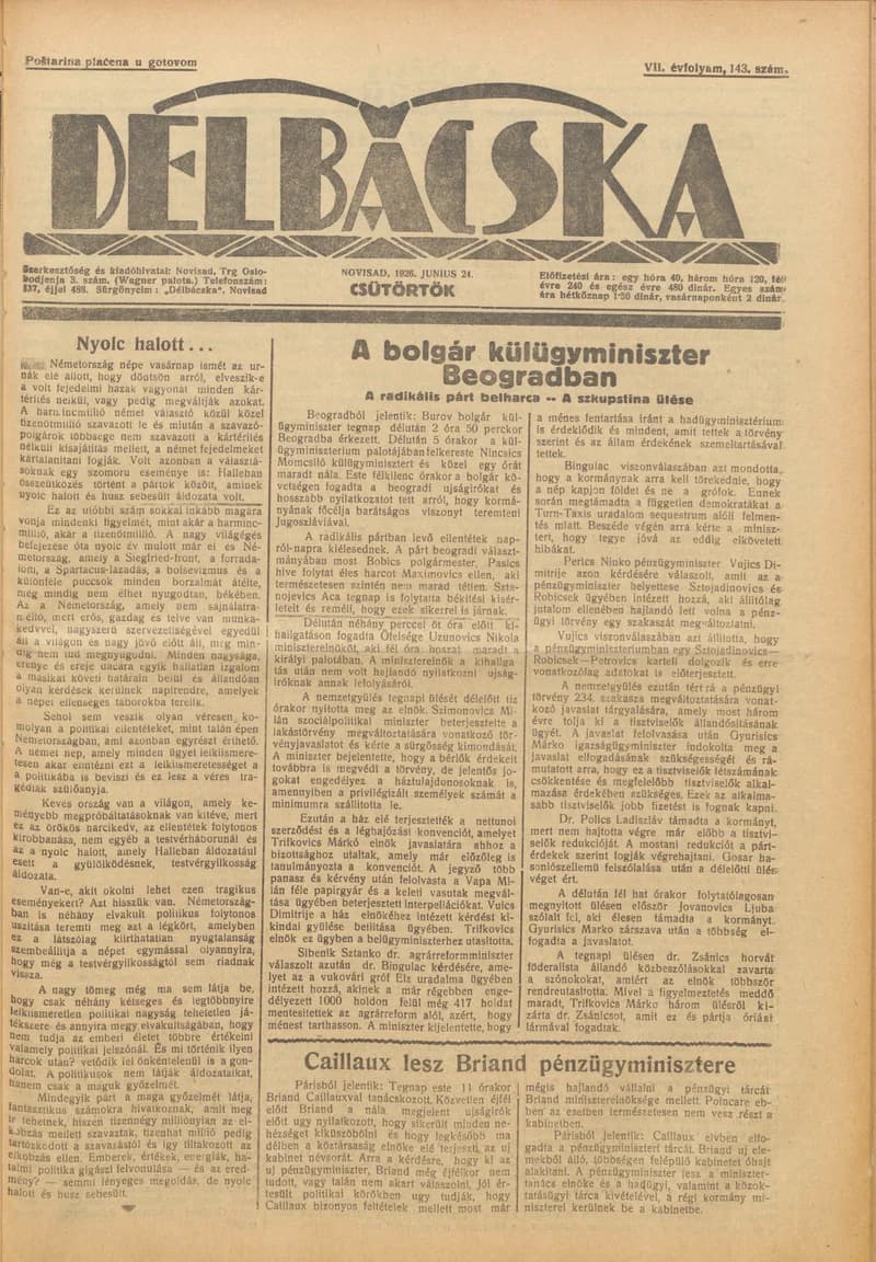 Délbácska, 7. évf. 1926. június 24. 143. sz.