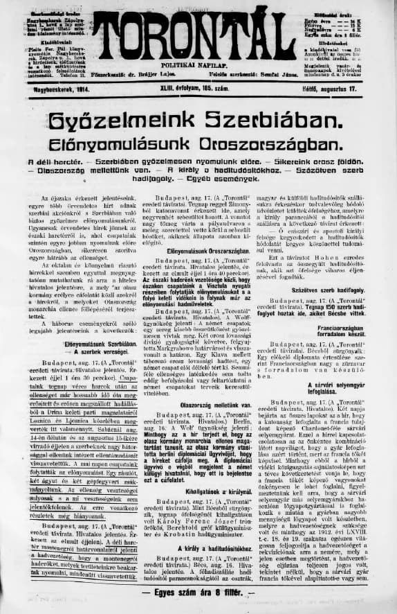 Torontál, 43. évf. 1914. augusztus 17. 185. sz.