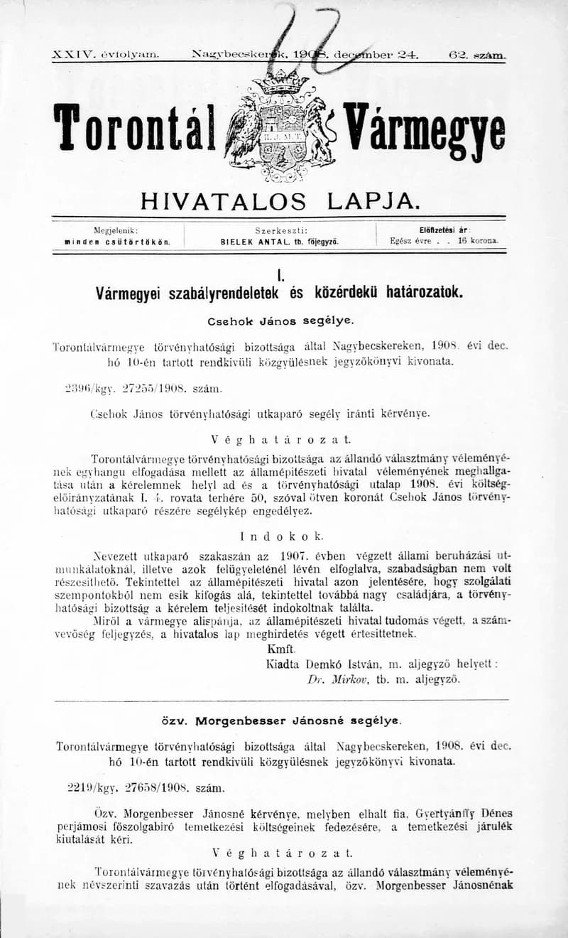 Torontál Vármegye Hivatalos Lapja, 24. évf. 1908. december 24. 62. sz.