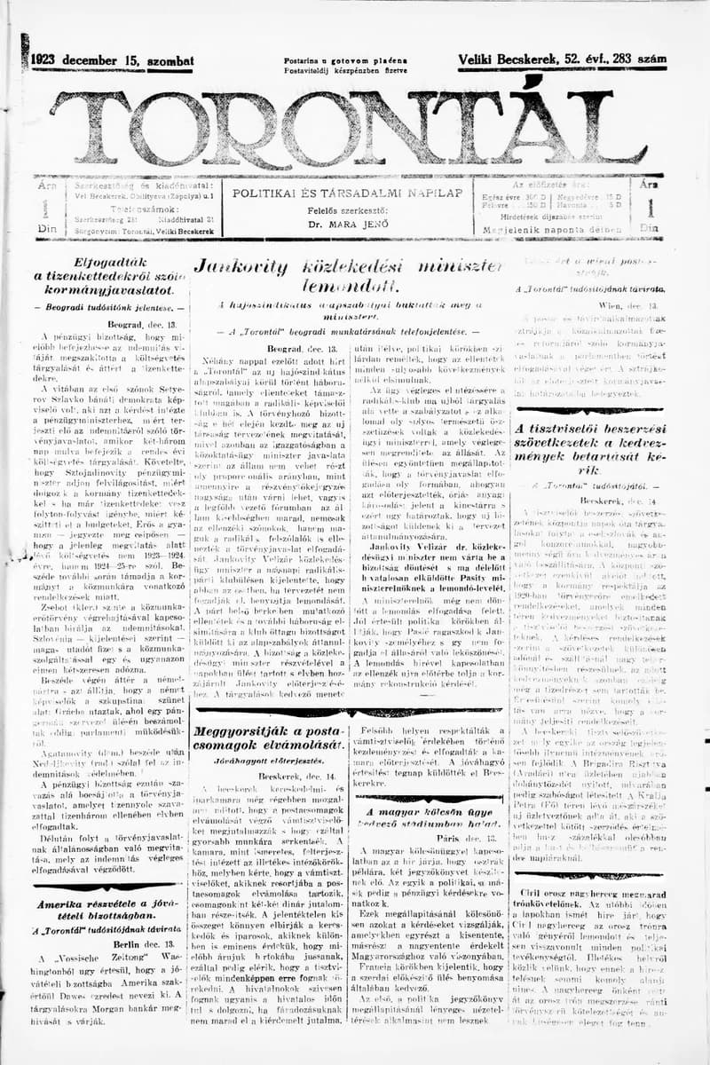 Torontál, 52. évf. 1923. december 15. 283. sz.