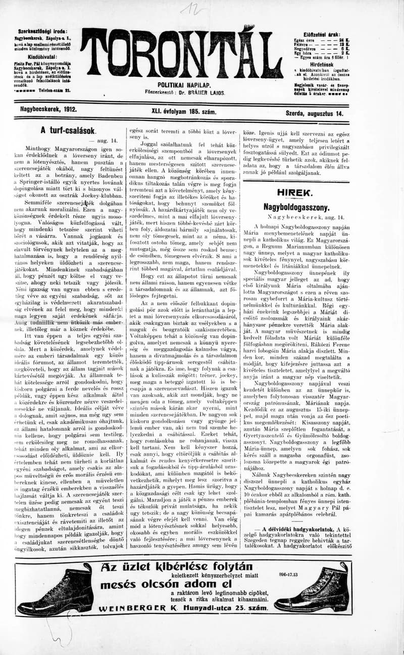 Torontál, 41. évf. 1912. augusztus 14. 185. sz.