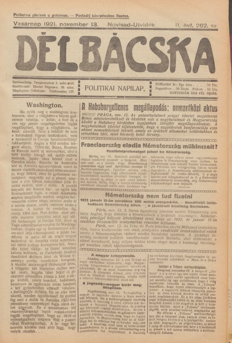 Délbácska, 2. évf. 1921. november 13. 262. sz.