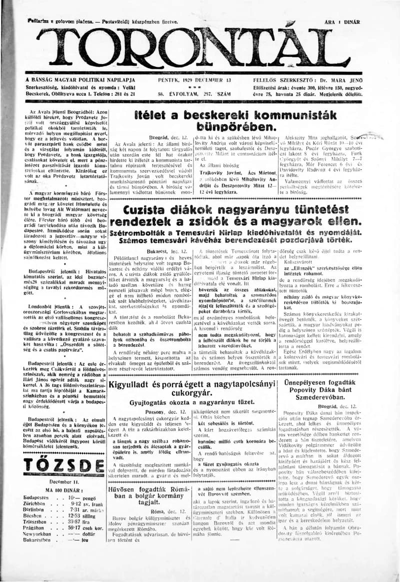 Torontál, 58. évf. 1929. december 13. 287. sz.