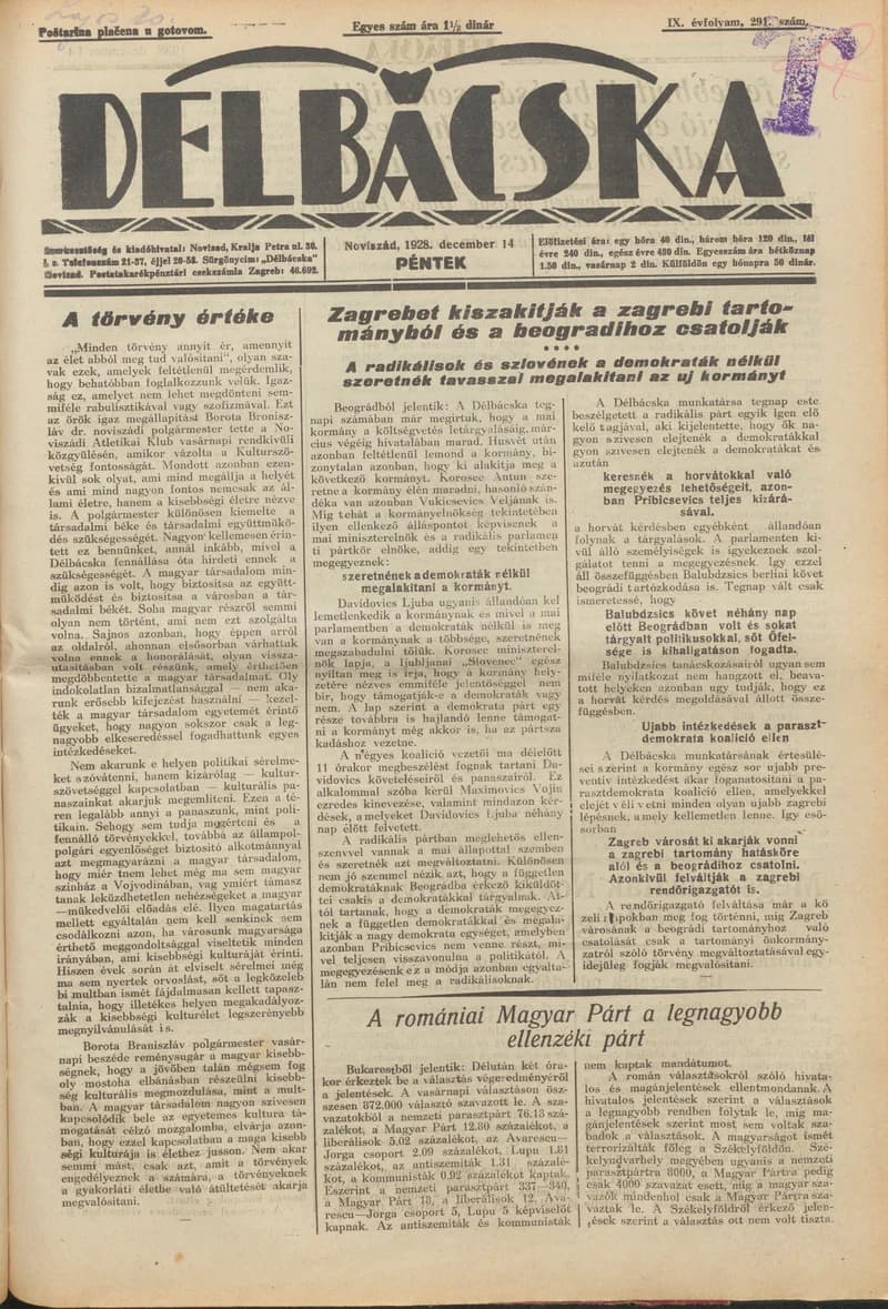 Délbácska, 9. évf. 1928. december 14. 291. sz.