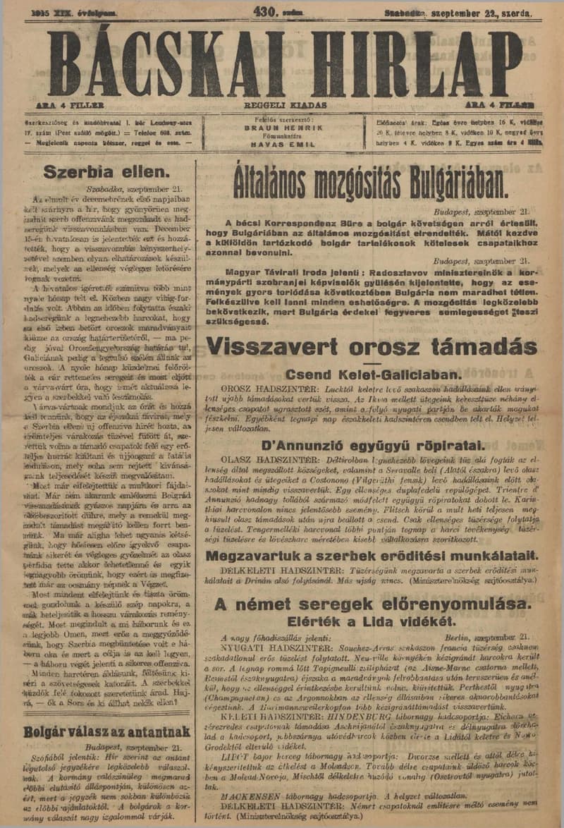 Bácskai Hirlap, 19. évf. 1915. szeptember 22. 430. sz.