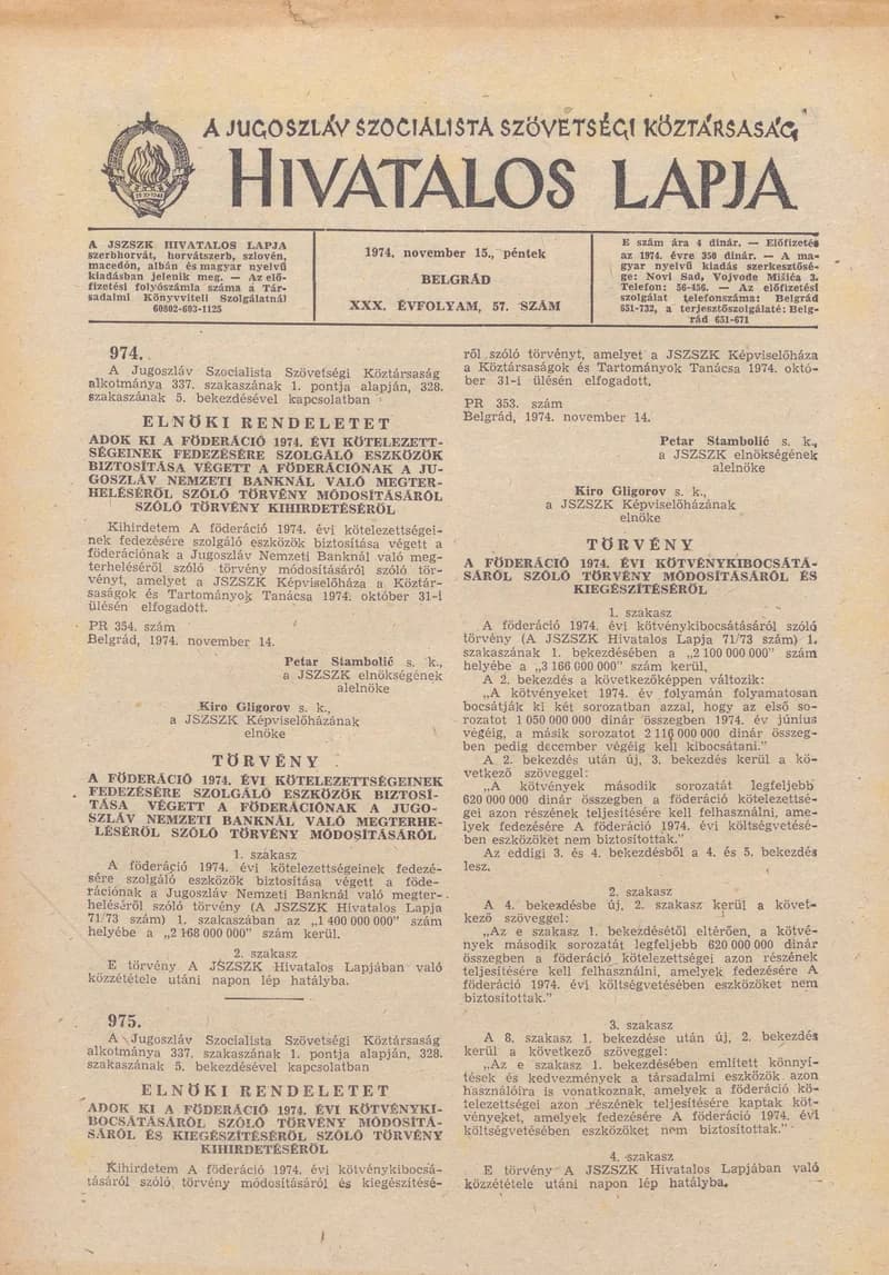 A Jugoszláv Szocialista Szövetségi Köztársaság Hivatalos Lapja, 30. évf. 1974. november 15. 57. sz. 1809–1824. oldal