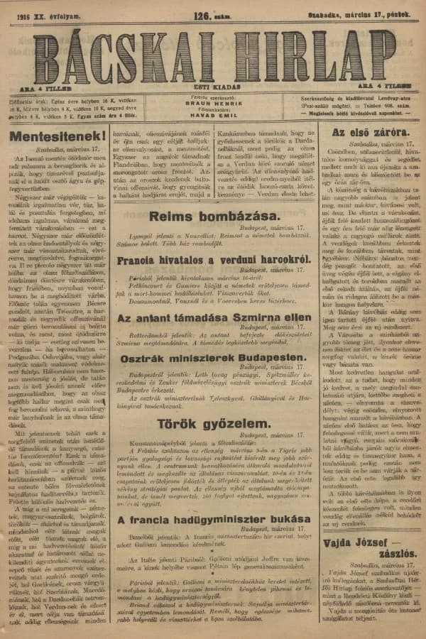Bácskai Hirlap, 20. évf. 1916. március 17. 126. sz.
