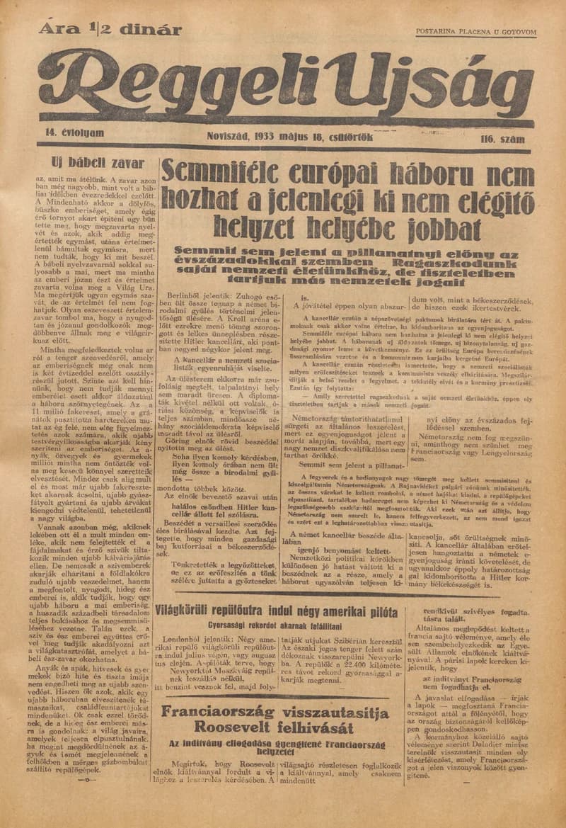 Reggeli Újság, 14. évf. 1933. május 18. 116. sz.