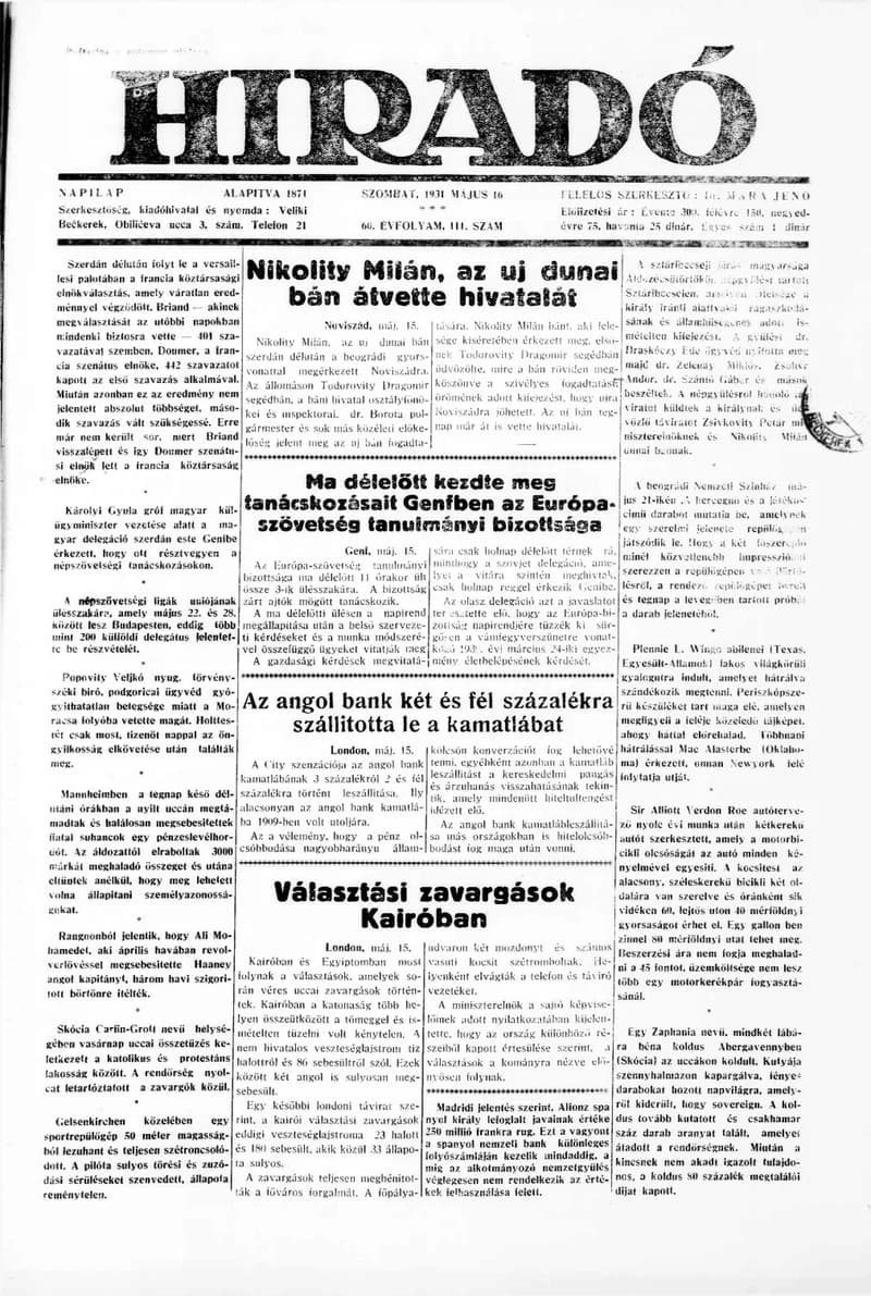 Híradó, 60. évf. 1931. május 16. 111. sz.