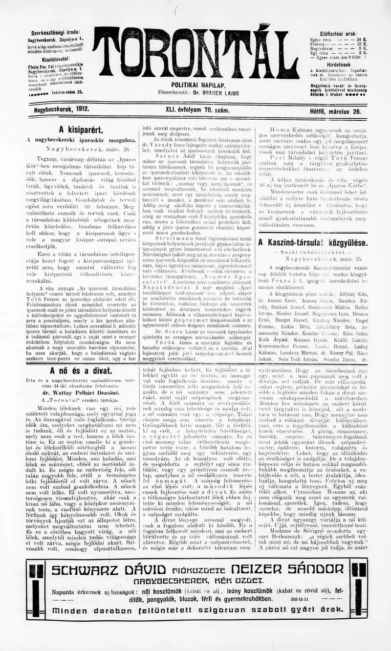 Torontál, 41. évf. 1912. március 26. 70. sz.
