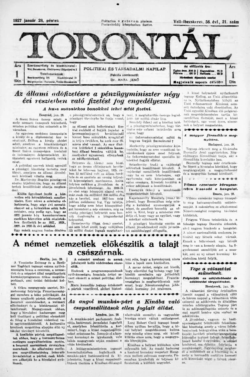Torontál, 56. évf. 1927. január 28. 21. sz.
