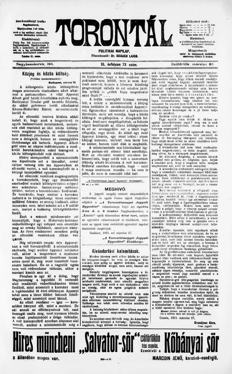 Torontál, 40. évf. 1911. március 30. 73. sz.