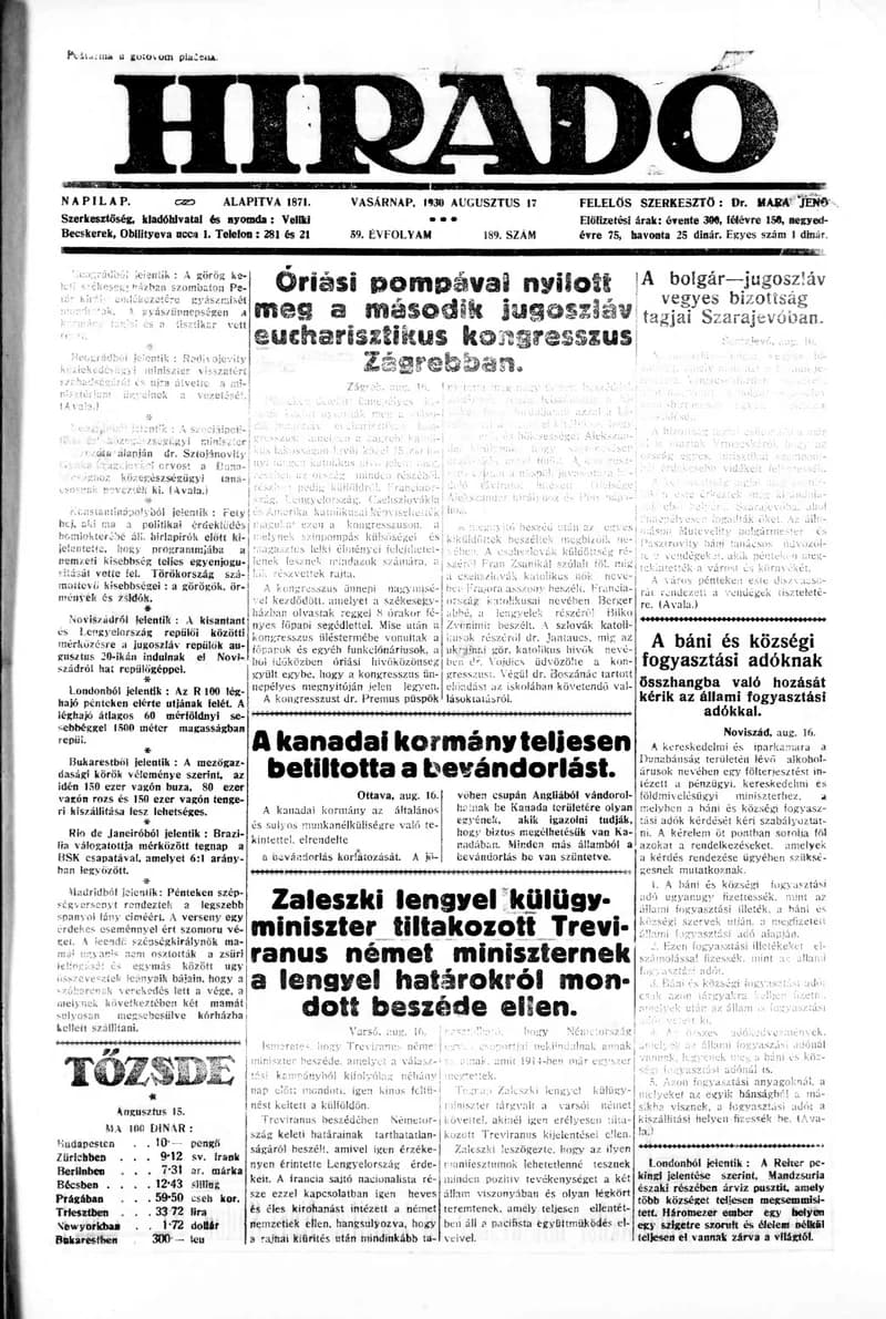 Híradó, 59. évf. 1930. augusztus 17. 189. sz.