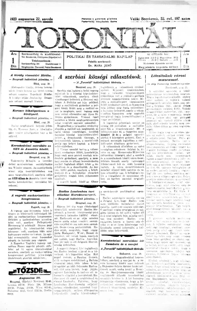 Torontál, 52. évf. 1923. augusztus 22. 187. sz.