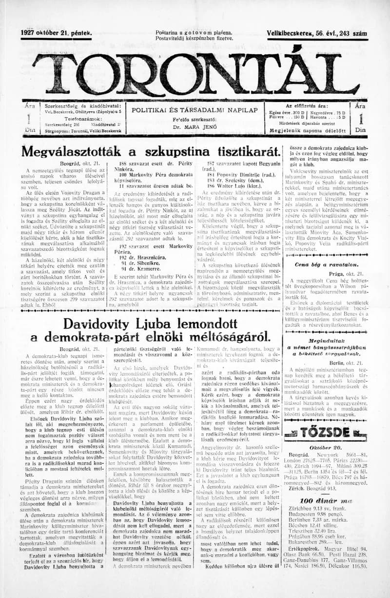 Torontál, 56. évf. 1927. október 21. 243. sz.