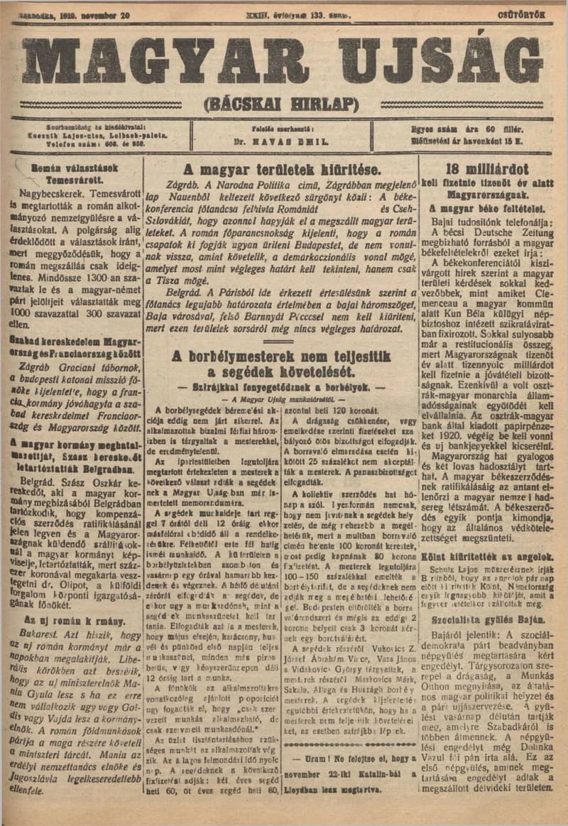 Bácskai Hirlap, 23. évf. 1919. november 20. 133. sz.