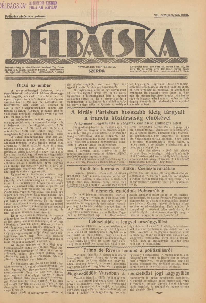 Délbácska, 7. évf. 1926. szeptember 29. 225. sz.