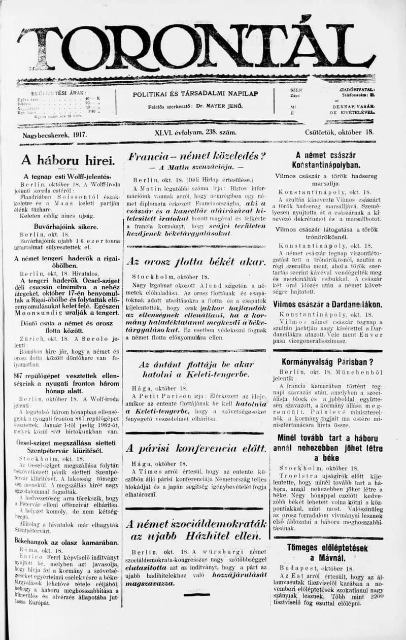 Torontál, 46. évf. 1917. október 18. 238. sz.