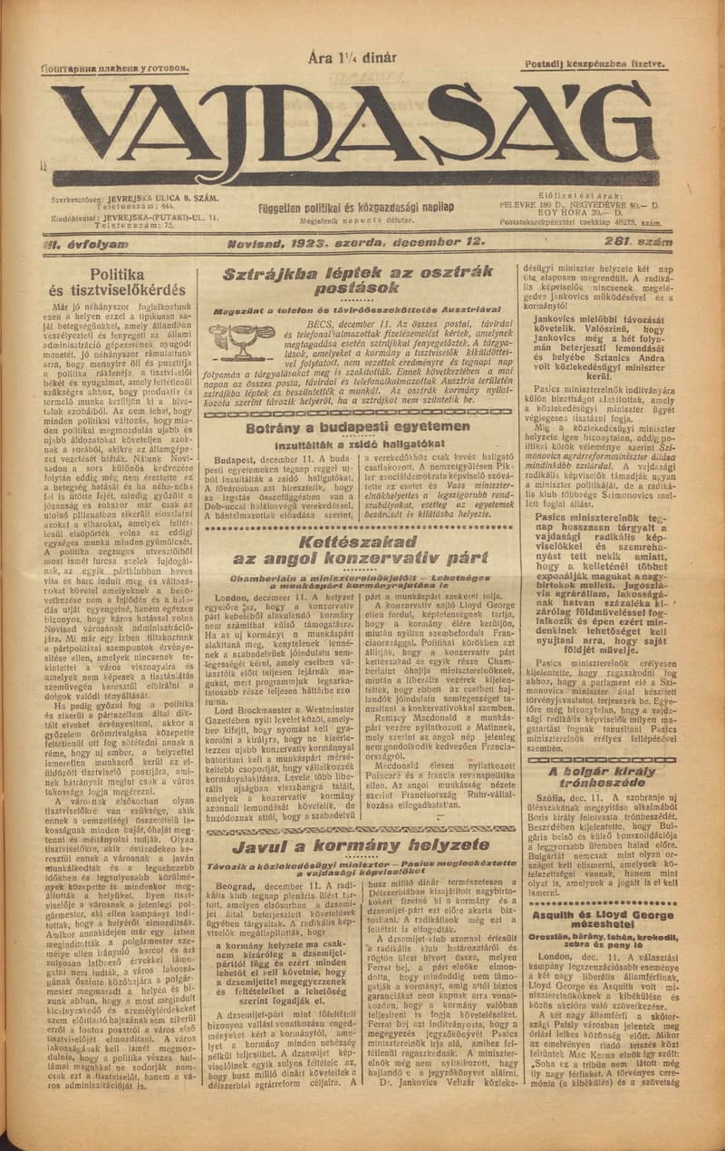 Vajdaság, 3. évf. 1923. december 12. 281. sz.