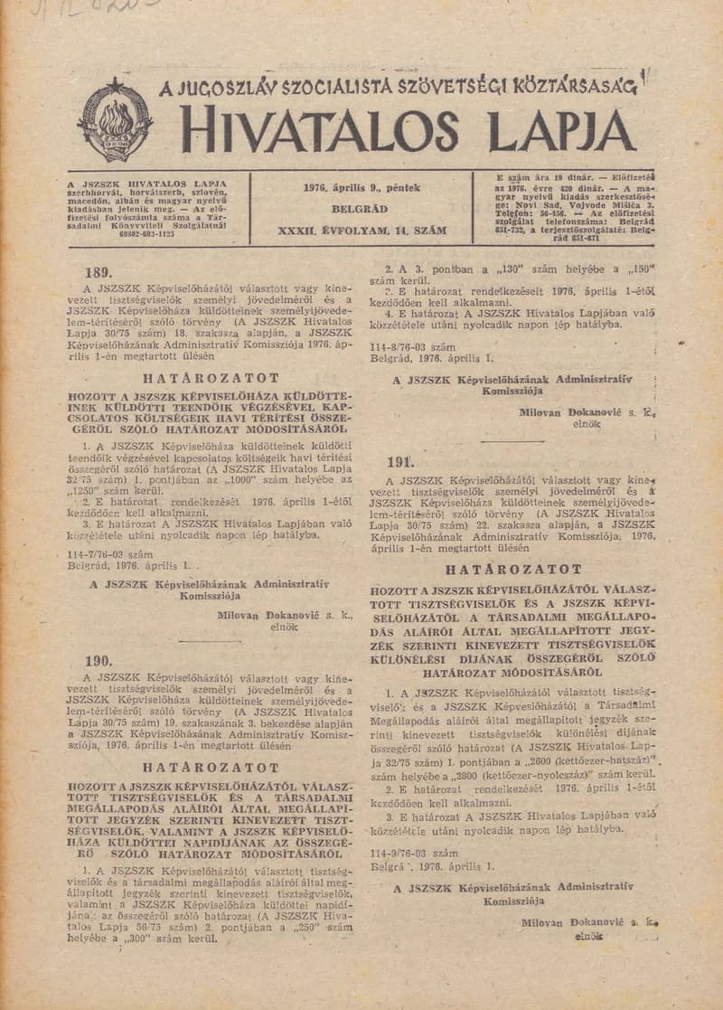 A Jugoszláv Szocialista Szövetségi Köztársaság Hivatalos Lapja, 32. évf. 1976. április 9. 14. sz. 361–384. oldal