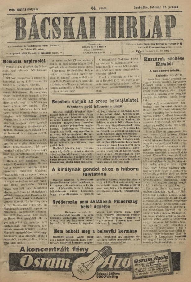 Bácskai Hirlap, 22. évf. 1918. február 22. 44. sz.