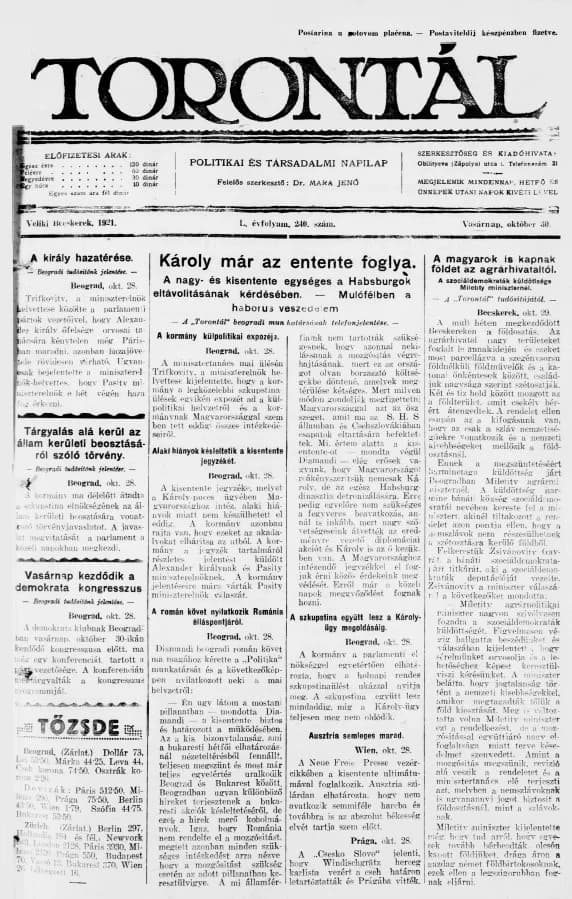 Torontál, 50. évf. 1921. október 30. 240. sz.