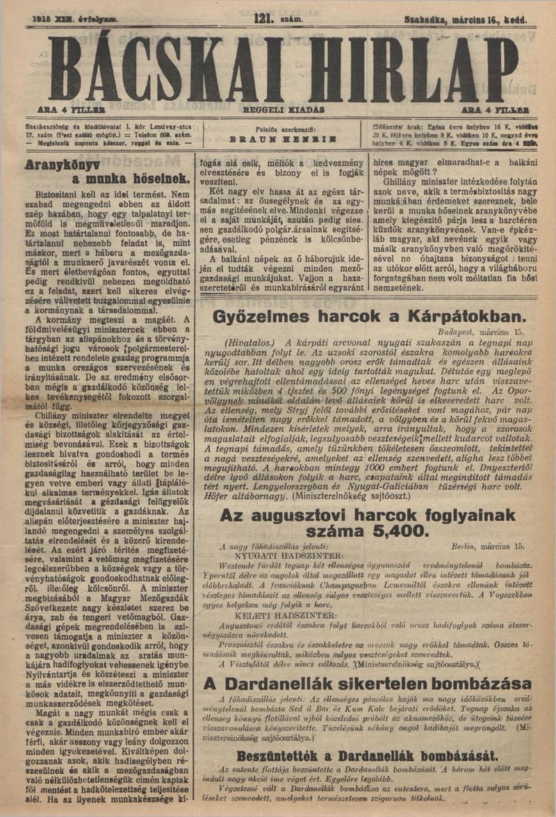 Bácskai Hirlap, 19. évf. 1915. március 16. 121. sz.