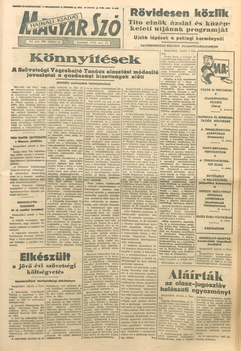 Magyar Szó, 15. évf. 1958. november 22. 290. sz. 1–16. oldal