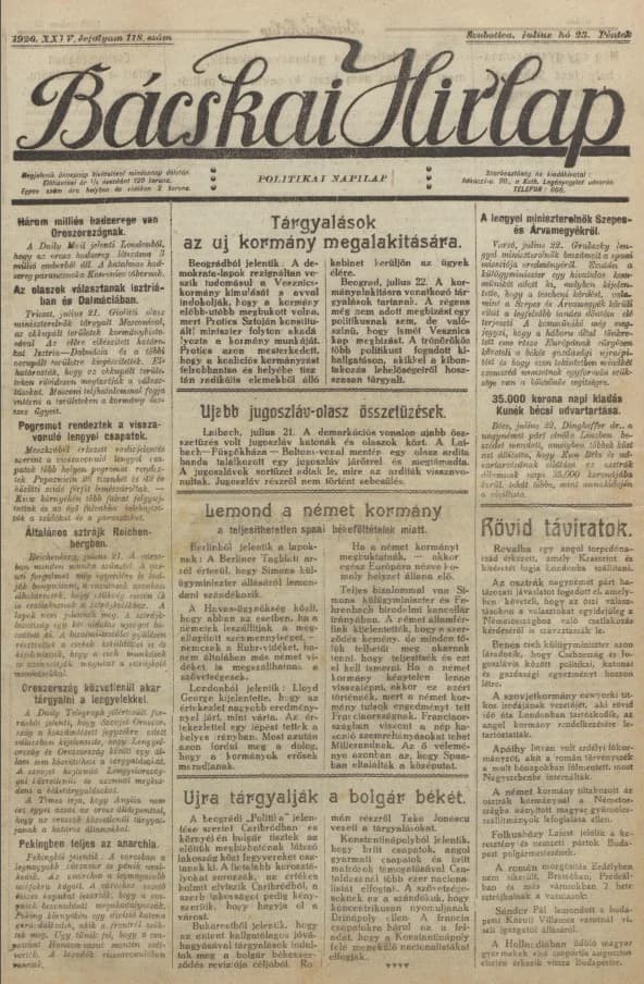 Bácskai Hirlap, 24. évf. 1920. július 23. 118. sz.