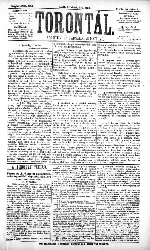Torontál, 22. évf. 1893. december 6. 280. sz.