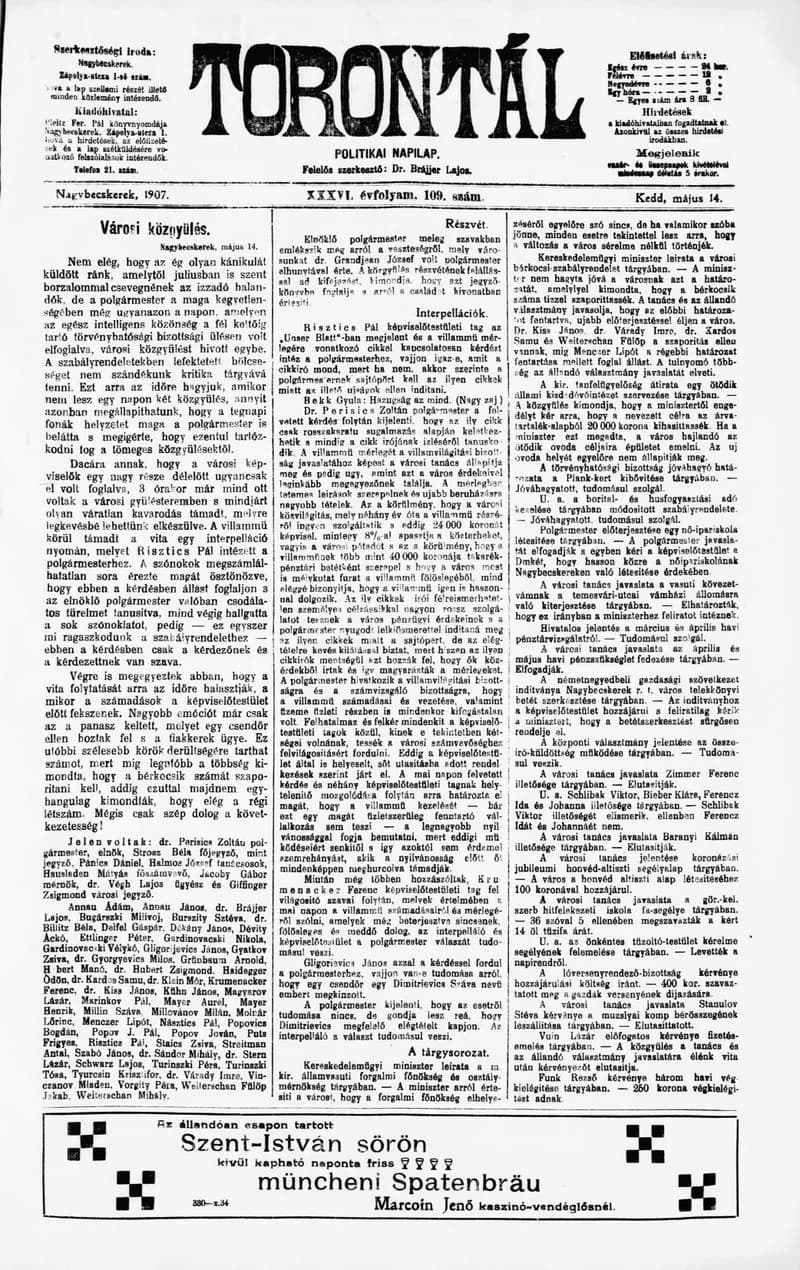 Torontál, 36. évf. 1907. május 14. 109. sz.