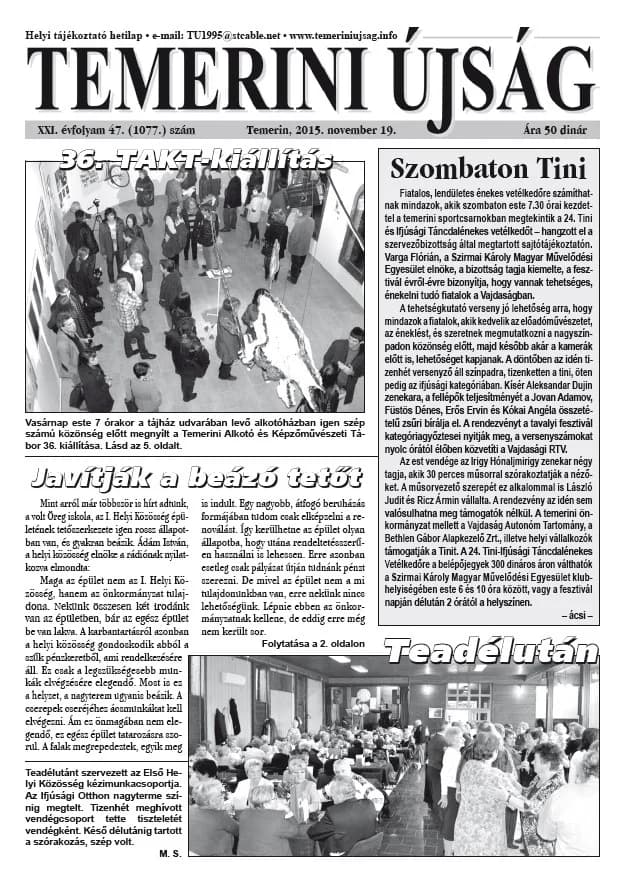 Temerini Újság, 21. évf. 2015. november 19. 47. sz.