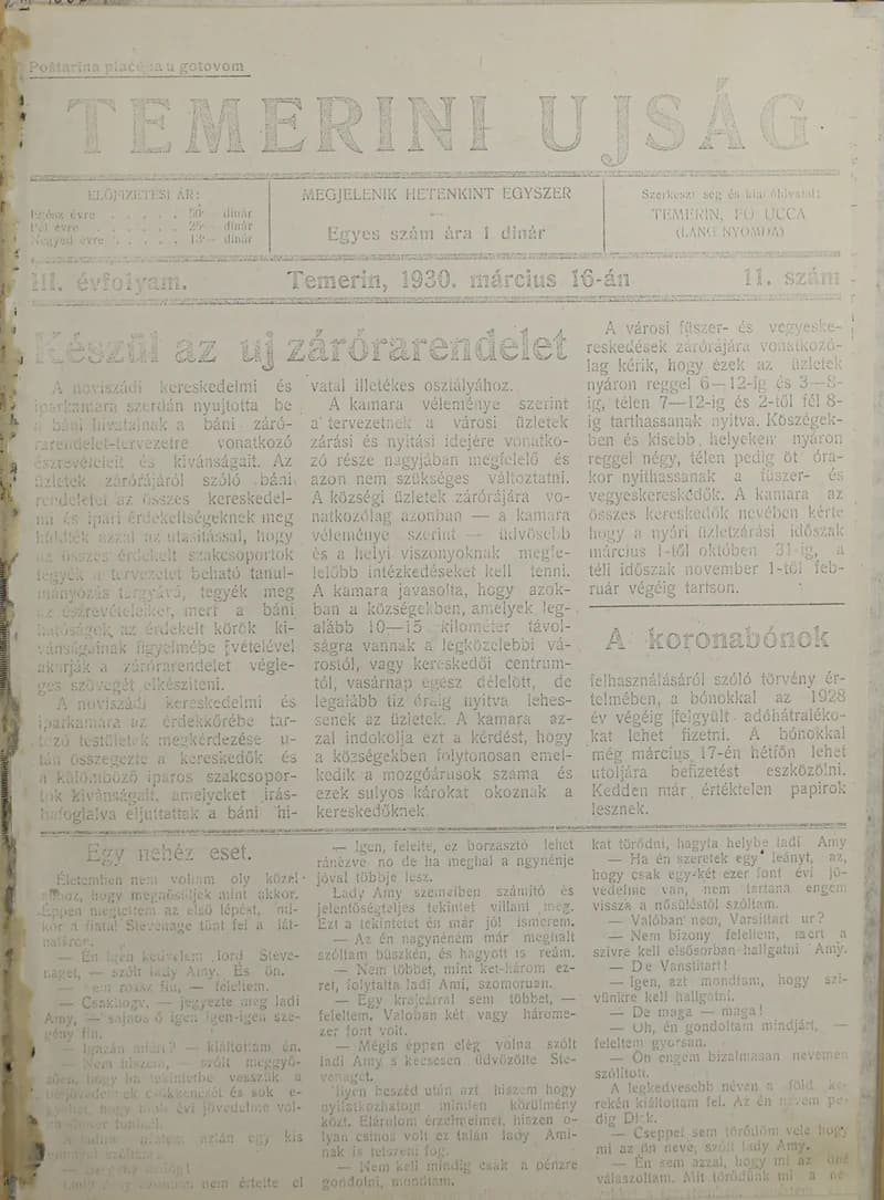 Temerini Újság 1928-1944, 3. évf. 1930. március 16. 11. sz.