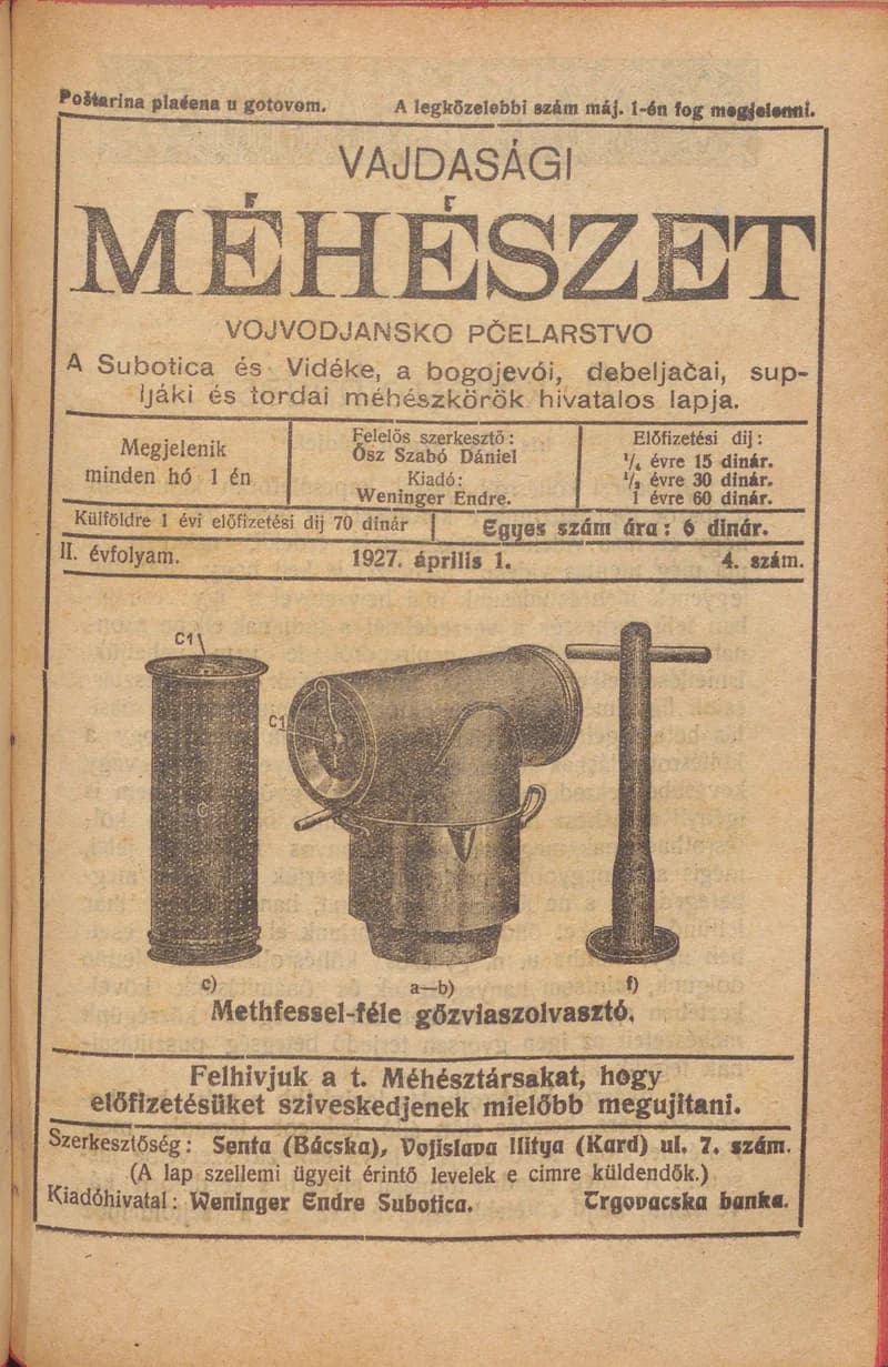 Vajdasági méhészet, 2. évf. 1927. április 1. 4. sz.
