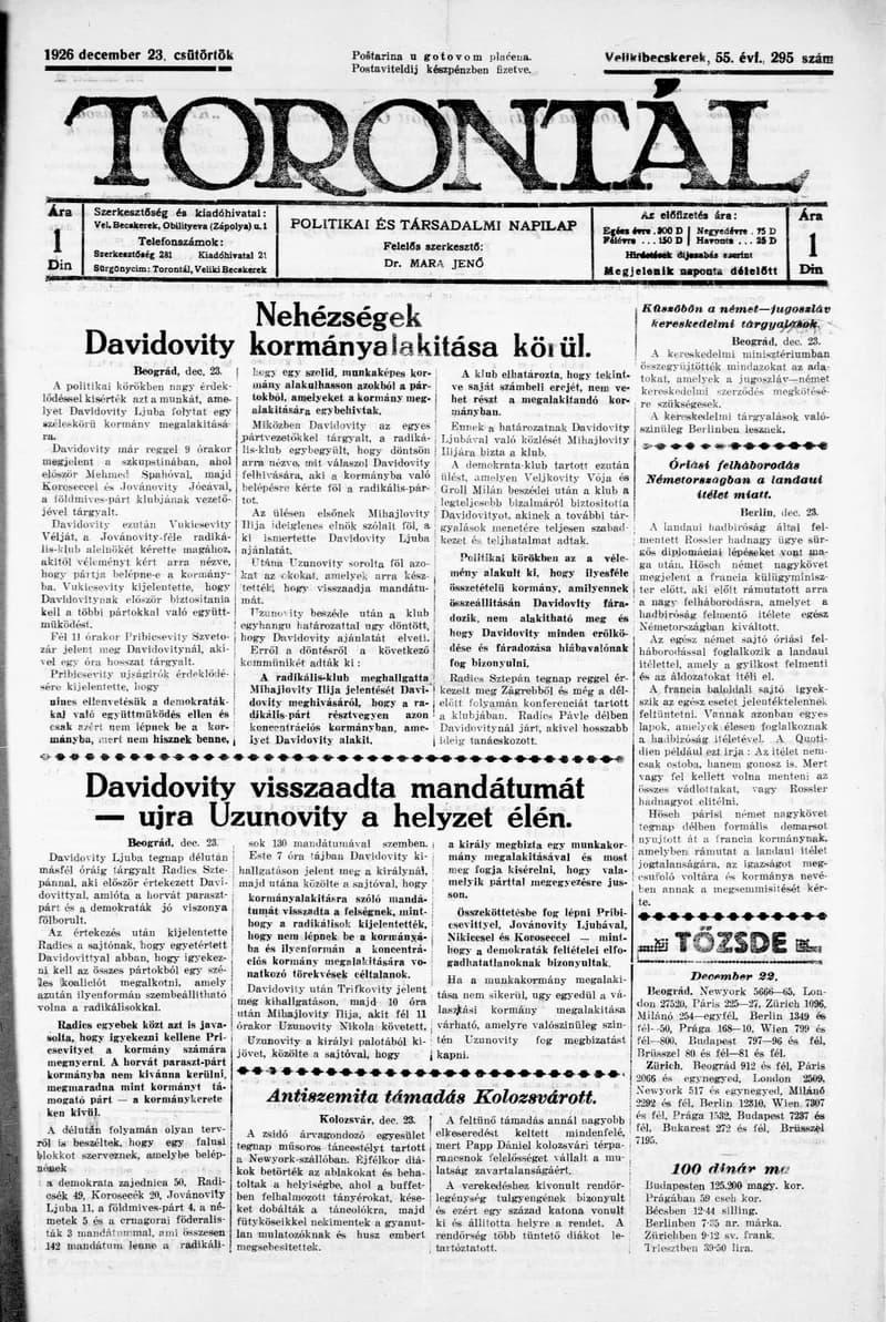 Torontál, 55. évf. 1926. december 23. 295. sz.