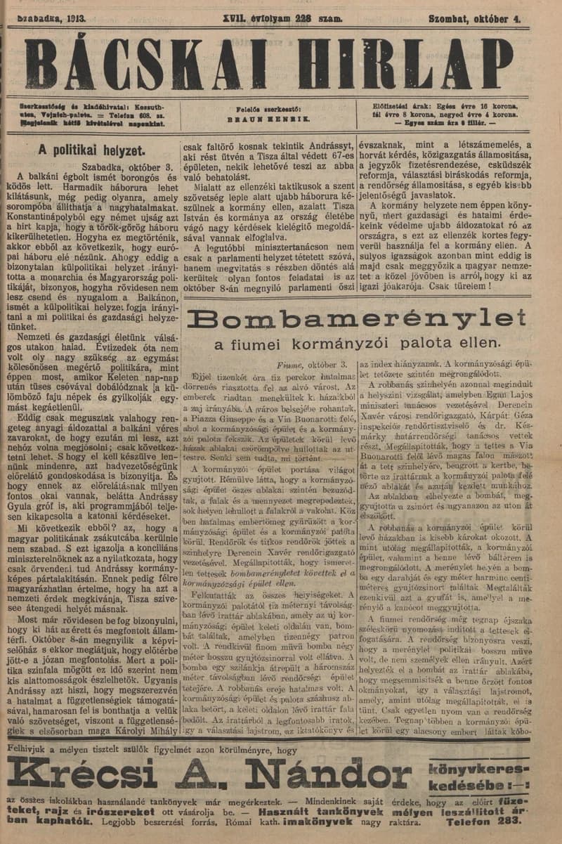 Bácskai Hirlap, 17. évf. 1913. október 4. 228. sz.