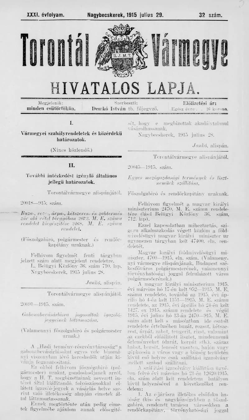 Torontál Vármegye Hivatalos Lapja, 31. évf. 1915. július 29. 32. sz.