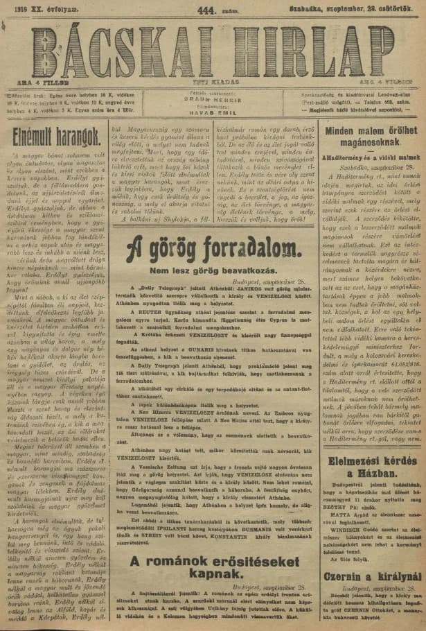 Bácskai Hirlap, 20. évf. 1916. szeptember 28. 444. sz.
