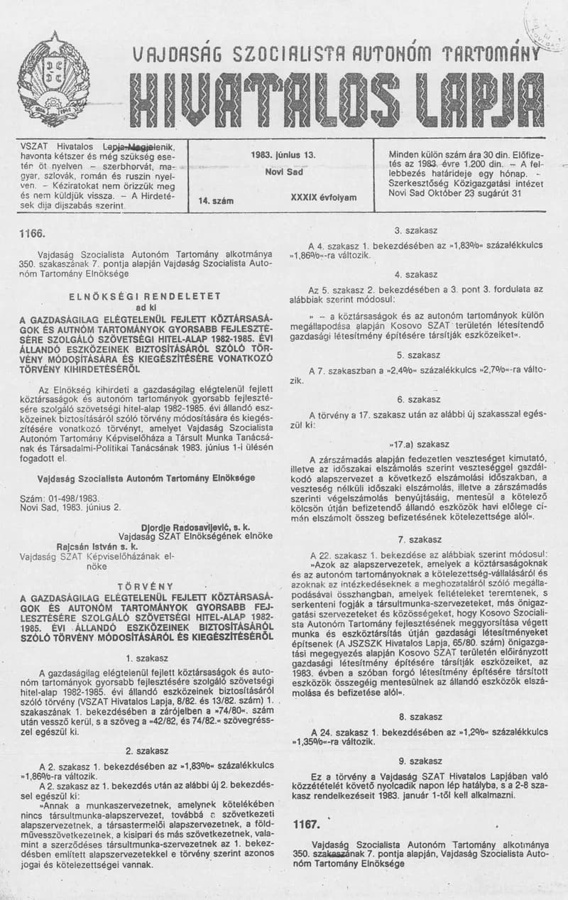 Vajdaság Szocialista Autonóm Tartomány Hivatalos Lapja, 39. évf. 1983. június 13. 14. sz.