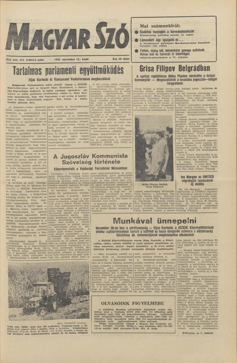 Magyar Szó, 42. évf. 1985. november 12. 312. sz. 1–20. oldal