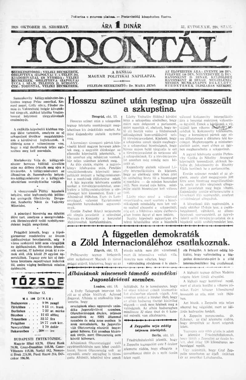 Torontál, 57. évf. 1928. október 13. 238. sz.