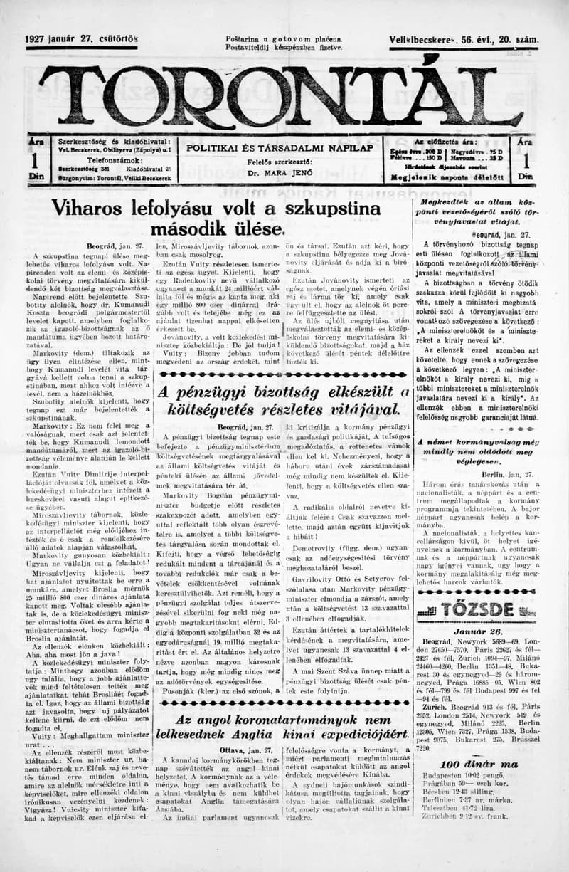 Torontál, 56. évf. 1927. január 27. 20. sz.