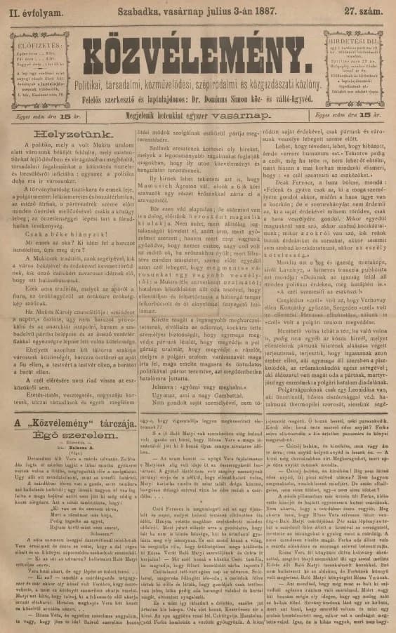 Közvélemény, 2. évf. 1887. július 3. 27. sz.