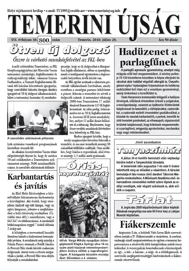 Temerini Újság, 16. évf. 2010. július 29. 30. sz.