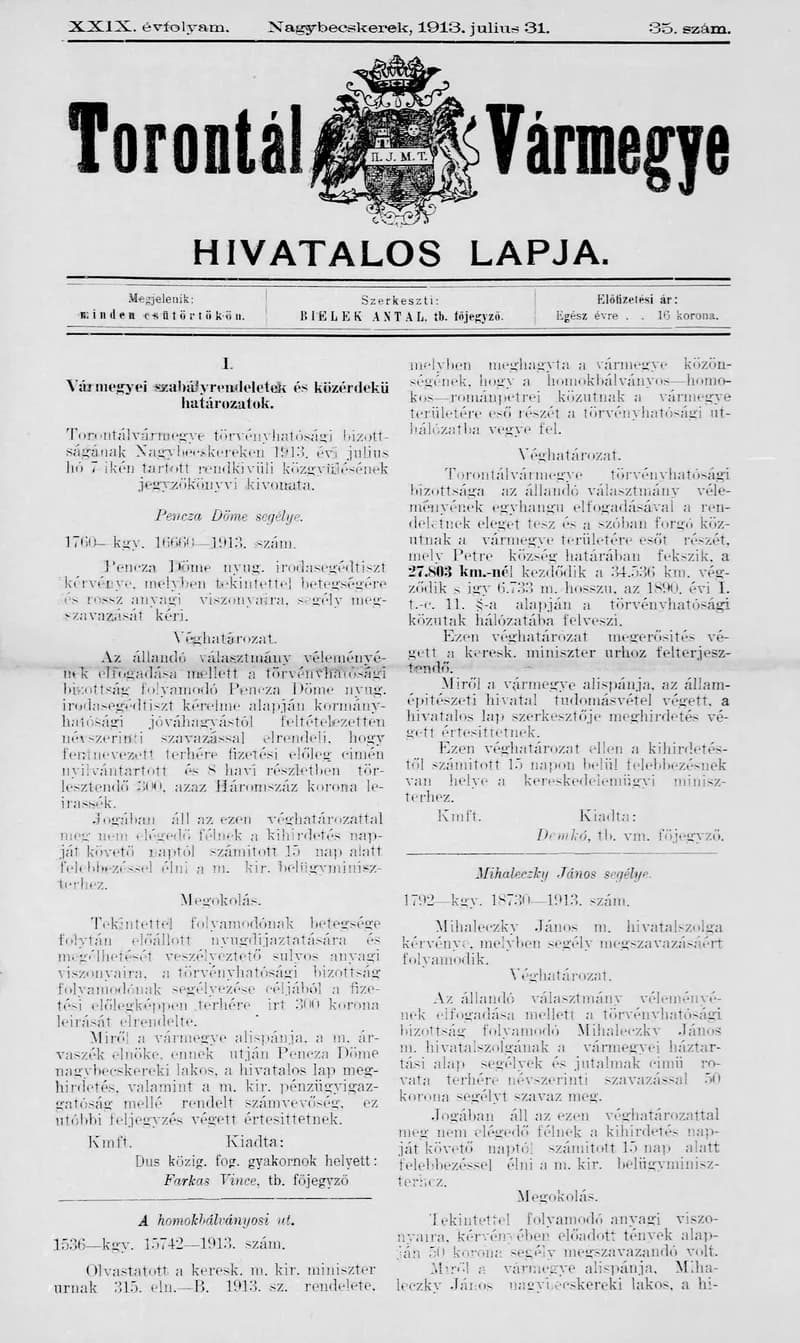 Torontál Vármegye Hivatalos Lapja, 29. évf. 1913. július 31. 35. sz.