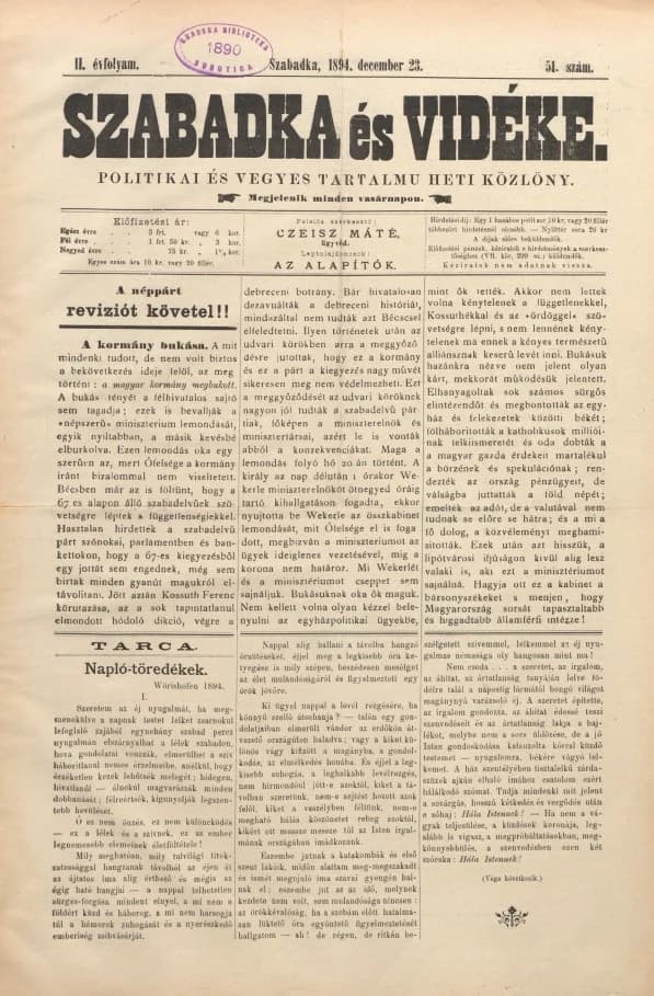 Szabadka és vidéke II, 2. évf. 1894. december 23. 51. sz.