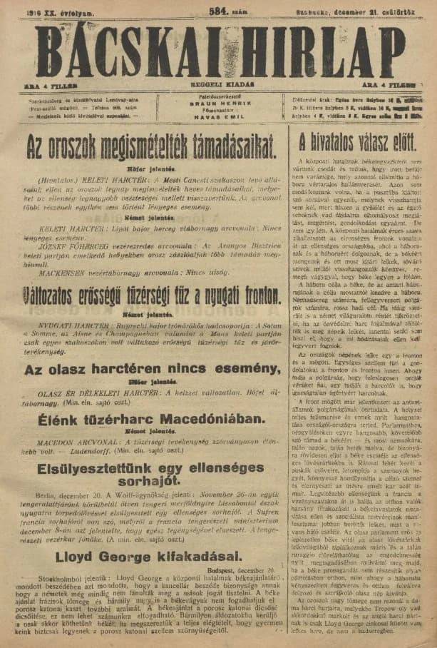 Bácskai Hirlap, 20. évf. 1916. december 21. 584. sz.