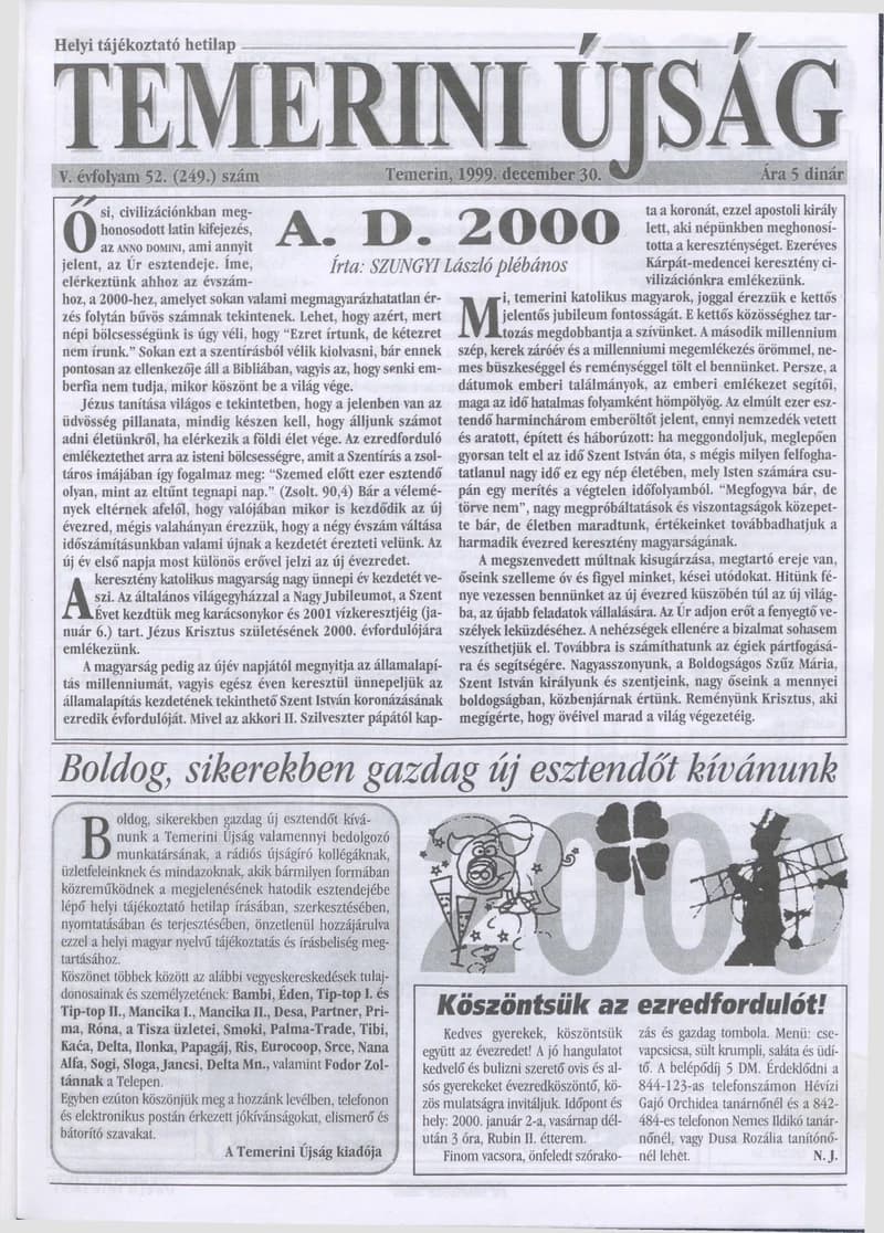 Temerini Újság, 5. évf. 1999. december 30. 52. sz.